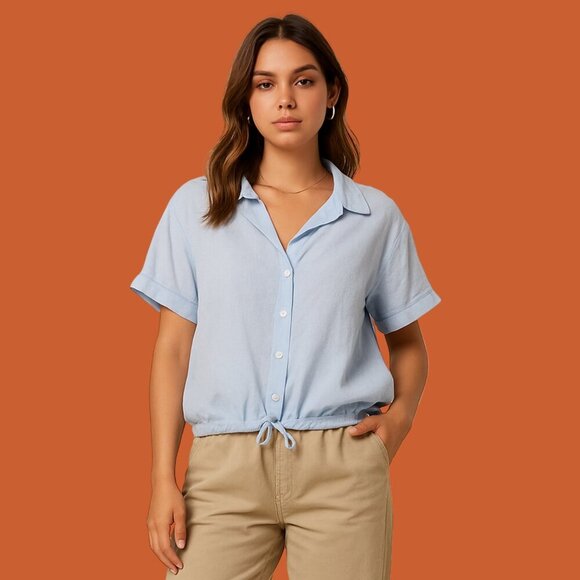 Saks Fifth Avenue Blue Linen Blend Button-Up Short Sleeve Top (Size M) - Picture 1 of 7